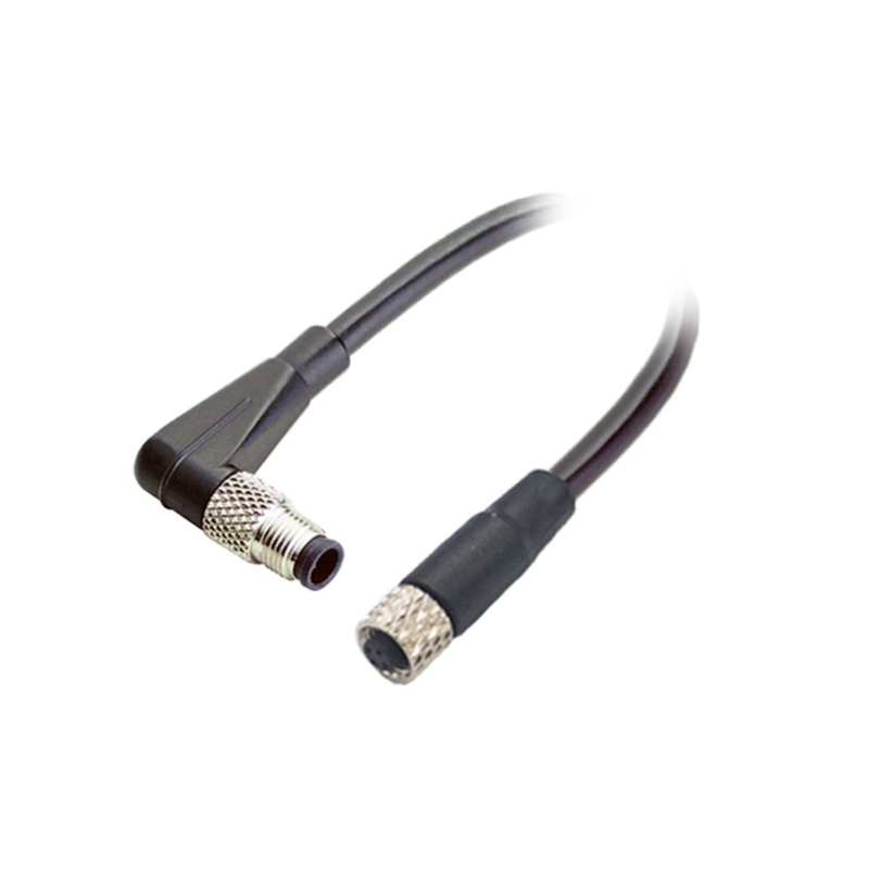 M5 3pins A code male right angle to female straight cable,unshielded,PVC,-10°C~+80°C,26AWG 0.14mm²,brass with nickel plated screw
